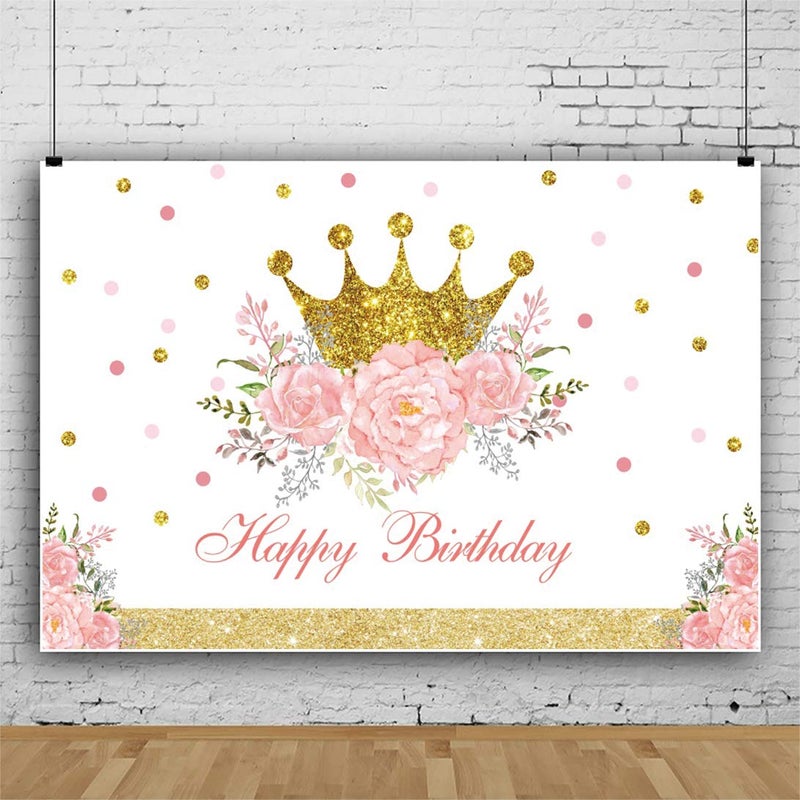 DORCEV Happy Birthday Backdrop for Luxury Princess Girls Birthday Party Background Shiny Glitter Gold Princess Crown Pink Floral Colorful Spot Girls Party Banner Kids Photo Studio Props - Image 3